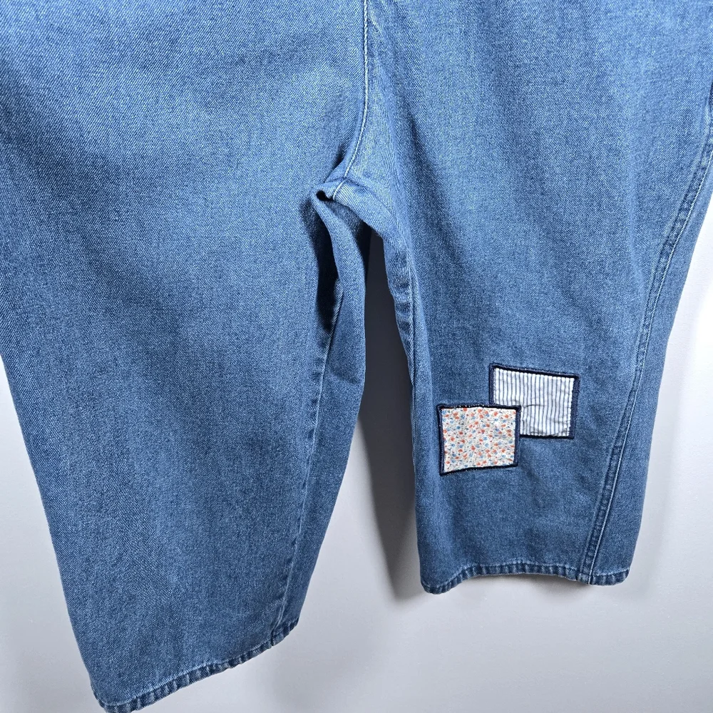 Vintage 90s Mountain Lake Casuals Patchwork Cropped Blue Jean Overalls Medium